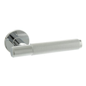 MHSR100PC Millhouse Brass Crompton Knurled Lever Door Handle on 5mm Slimline Round Rose - Polished Chrome