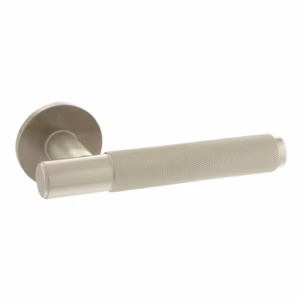 MHSR100SN Millhouse Brass Crompton Knurled Lever Door Handle on 5mm Slimline Round Rose - Satin Nickel