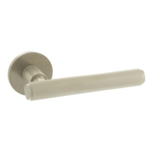 MHSR250SN Millhouse Brass Stephenson Knurled Lever Door Handle on 5mm Slimline Round Rose - Satin Nickel